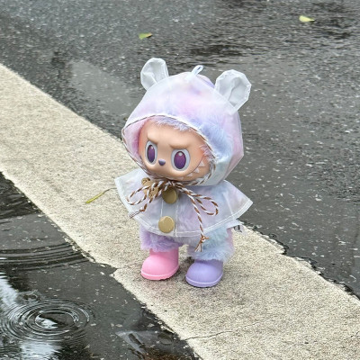 17cm拉布布3代雨衣雨鞋labubu搪胶娃衣超美幸运下雨欢乐踩水套装