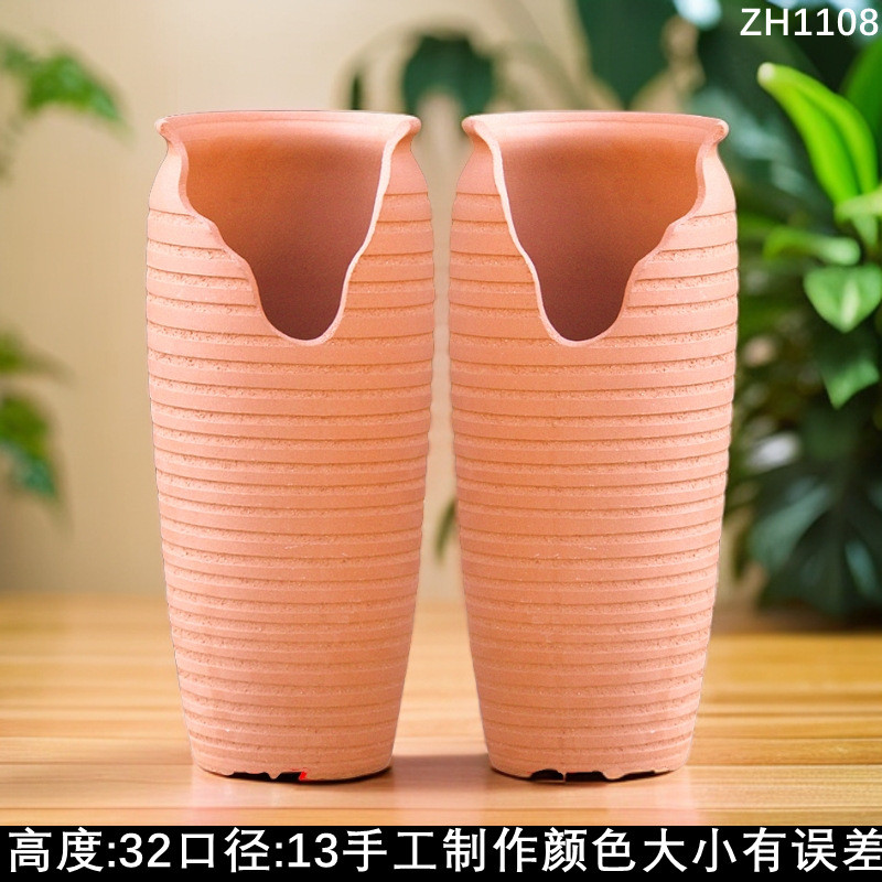 特大号切口多肉花盆粗陶瘦高紫乐悬崖老桩紫砂缺口透气大法师陶瓷