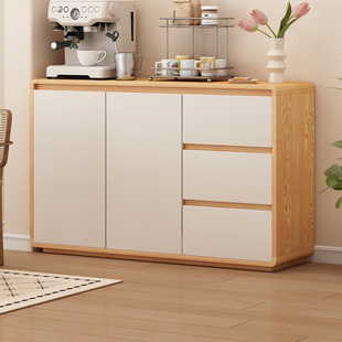 简约现代实木餐边柜客厅收纳储物柜白色门板木纹边框百搭