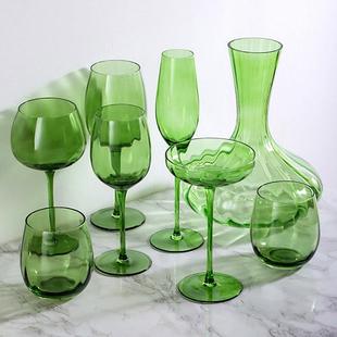 中古水晶玻璃红酒杯插棱复古绿色高脚杯葡萄酒杯家用威士忌香槟杯