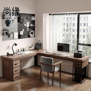 电脑桌书柜一体桌 实木转角长书桌双人卧室l型台式 家用拐角办公桌