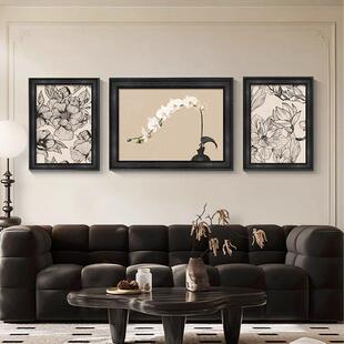 法式中古风客厅装饰画高级感沙发背景墙壁画覆古艺术花卉三联壁画