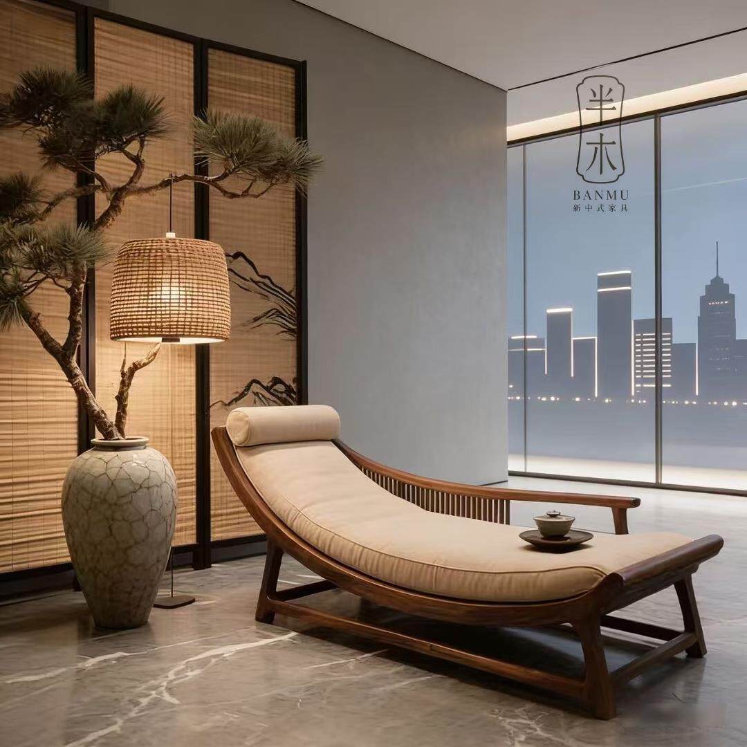 宋式美学美人榻北美黑胡桃木贵妃实木躺椅卧室休闲客厅沙发榻