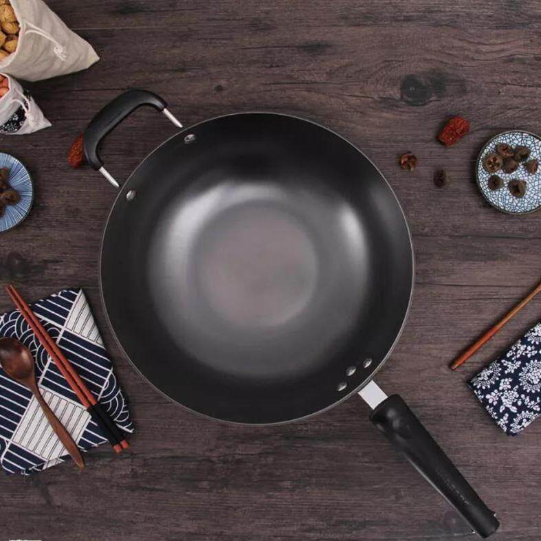 华邦老式炒锅铁锅家用无涂层双耳平底铸铁锅不沾锅传统生铁炒勺