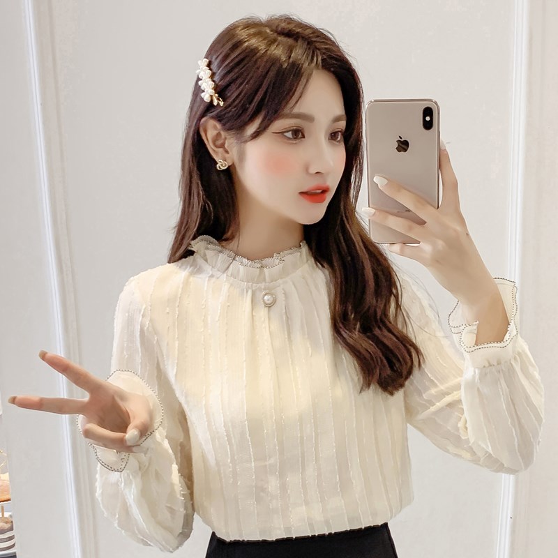 蕾丝打底衫2024春女装雪纺衫条纹提花木耳边立领气质百搭内搭上…
