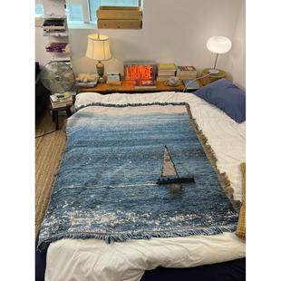 ALA自G制针大海风景织线毯挂毯上墙装饰毯单人沙PZI发毯床上盖毯