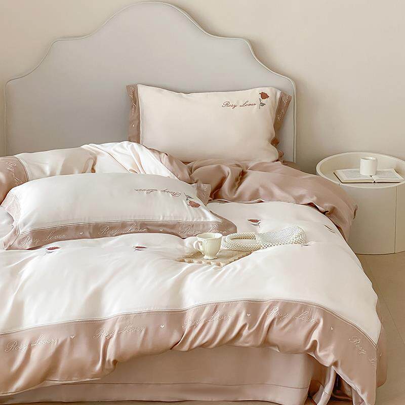 80支兰精天刺玫瑰四件套夏季凉感丝绸AHZ绣被套冰丝床丝单笠床床