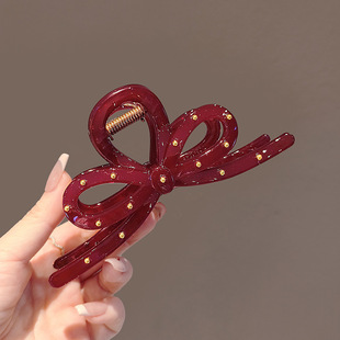 韩国可爱甜美红色蝴蝶结波点鲨鱼夹发量多大号后脑勺盘发抓夹发夹