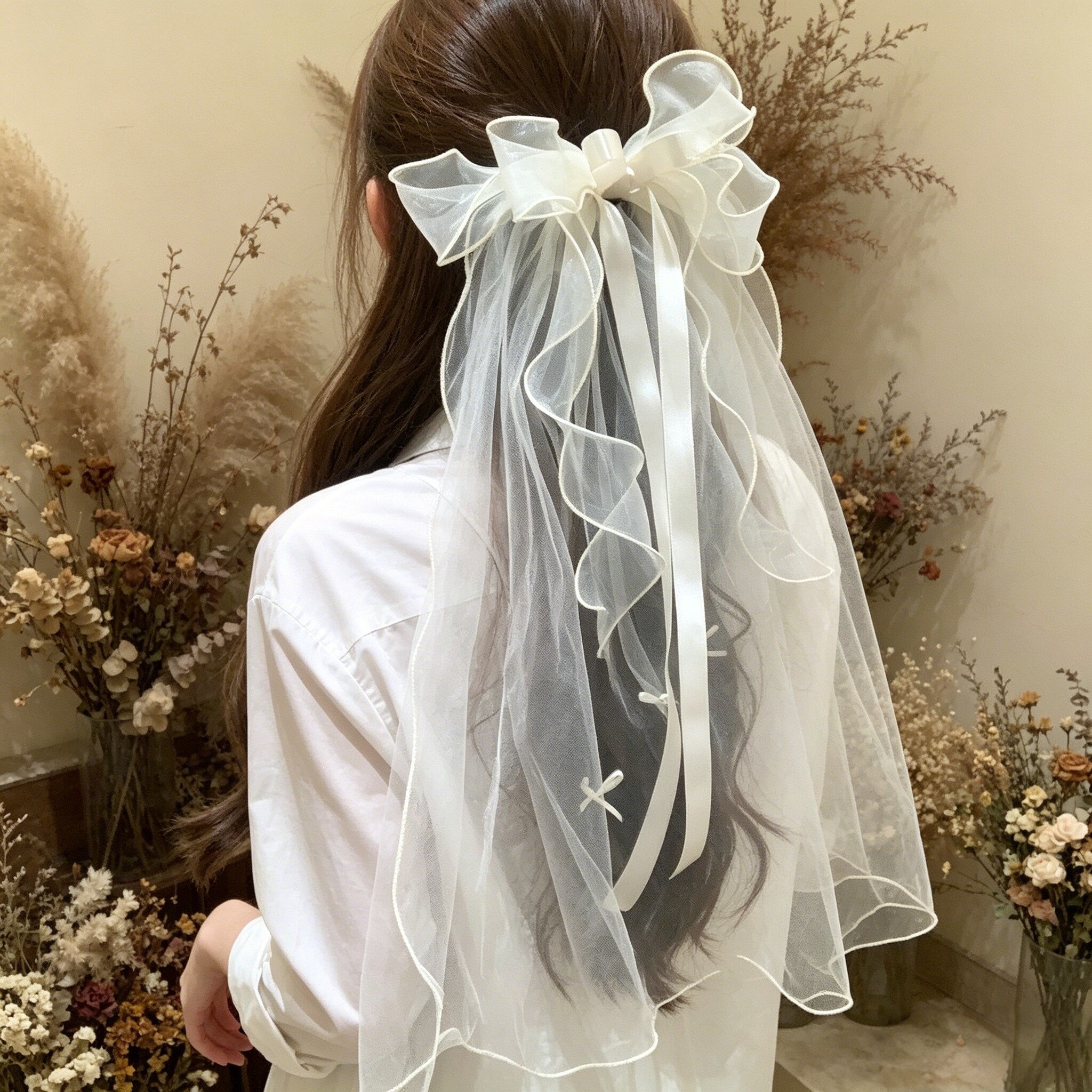 幸福日~原创订婚蝴蝶结头纱顶夹后脑勺发夹女生日求婚氛围感发饰