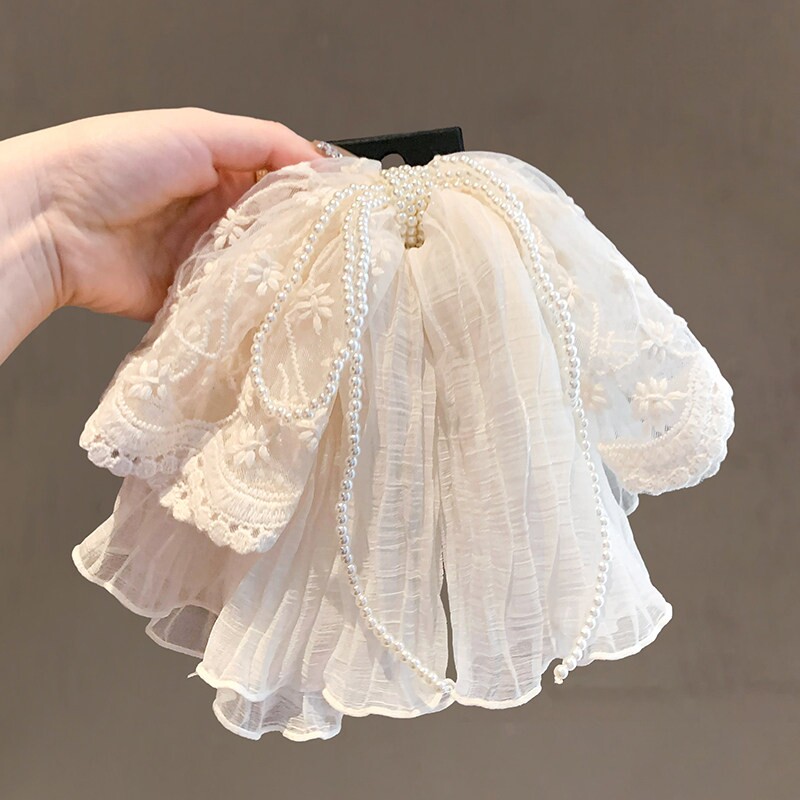 浪漫米色蝴蝶结马尾抓夹蕾丝氛围感温柔发夹后脑勺盘发鲨鱼夹头饰