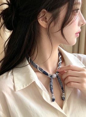 腰果花缠绕珍珠丝巾系脖项链女夏