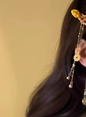 国风古风红色新年头饰毛球小财神铜线元宝流苏发夹发冠发钗步摇