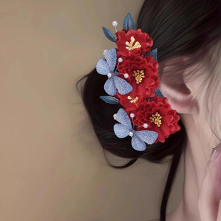 十里红妆~新中式红色花朵发夹新娘旗袍结婚盘发头饰订婚旅行发卡