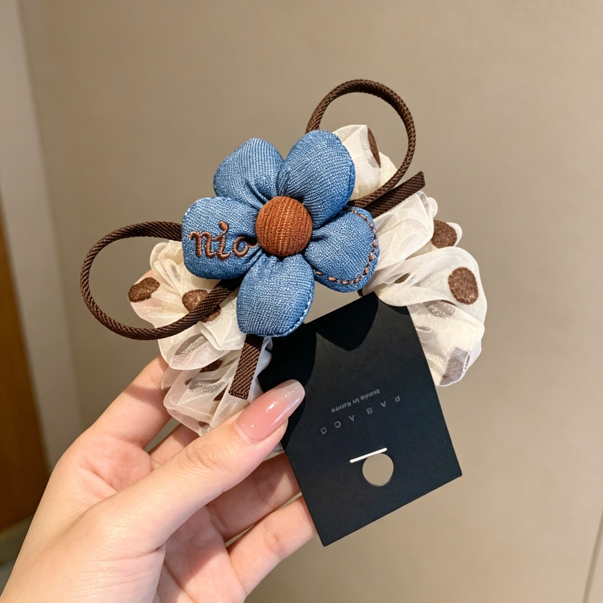 韩国发饰可爱充棉牛仔蓝花朵蝴蝶结小肠圈波点绢纱弹力橡皮筋发圈