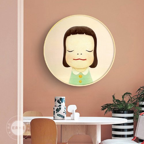 奈良美智北欧文艺小众儿童房装饰画梦游娃娃可爱卡通圆形挂画
