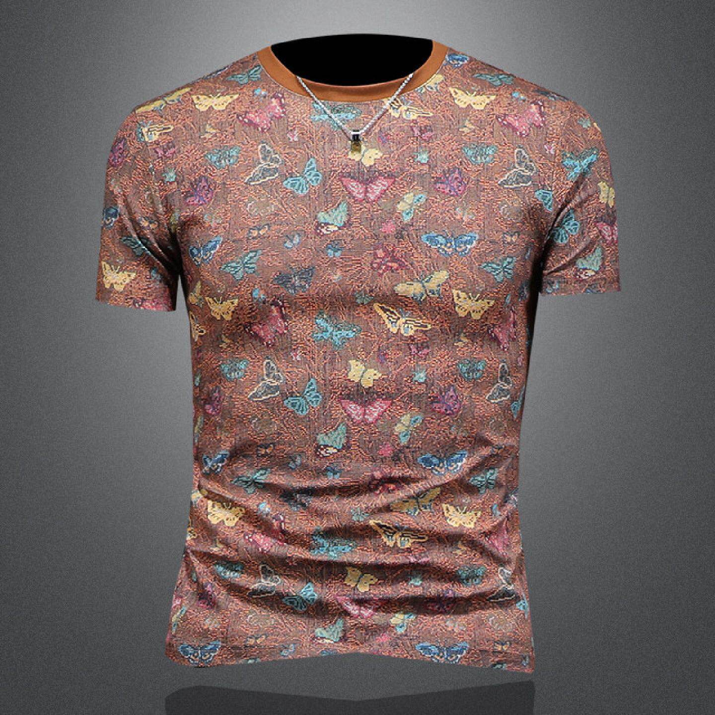 夏装男士圆领短袖恤衫蝴蝶印花修身潮流休闲青年百搭上衣服潮男装