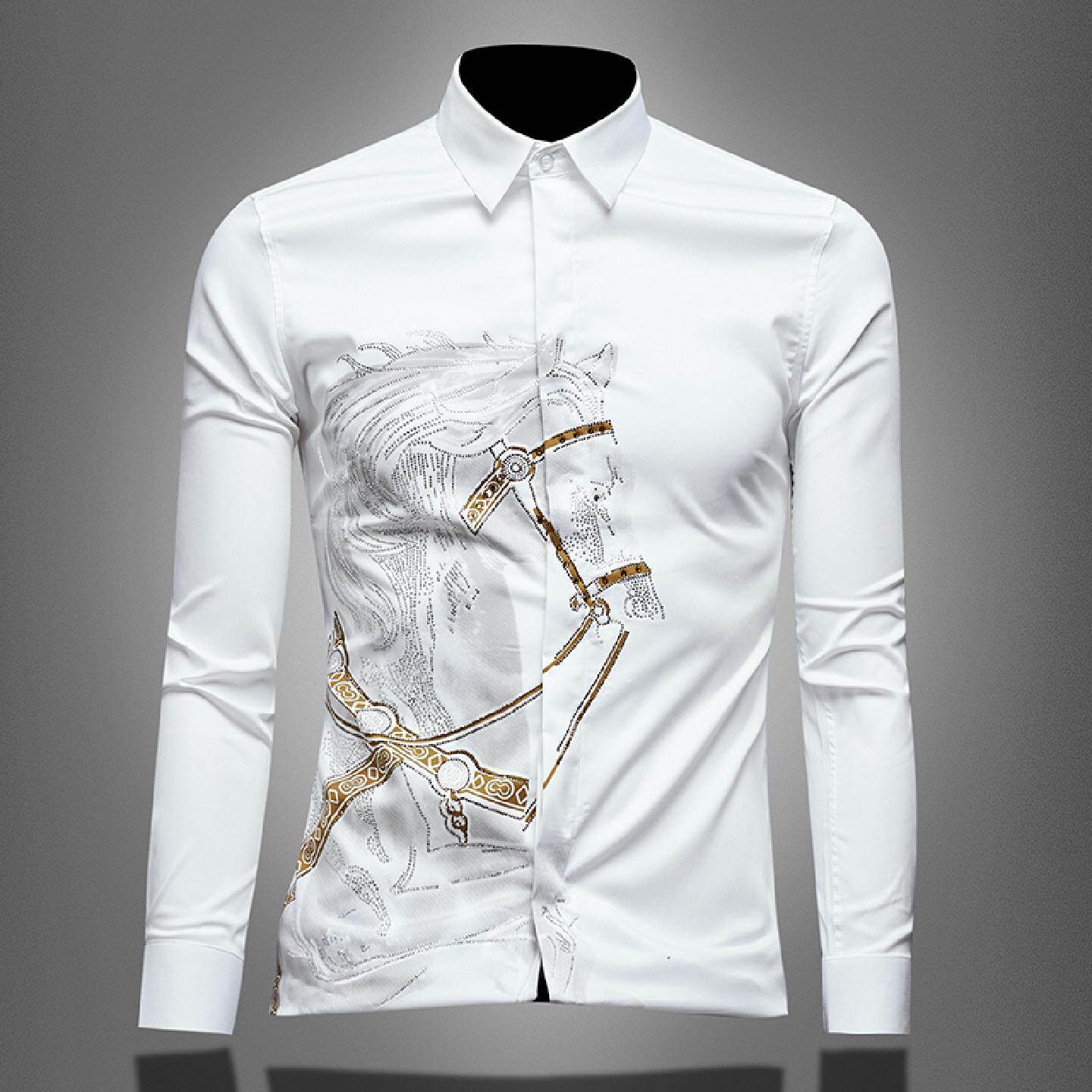 长袖衬衣男春季修身休闲衬衫免烫年新款高端潮牌图案烫钻印花潮男