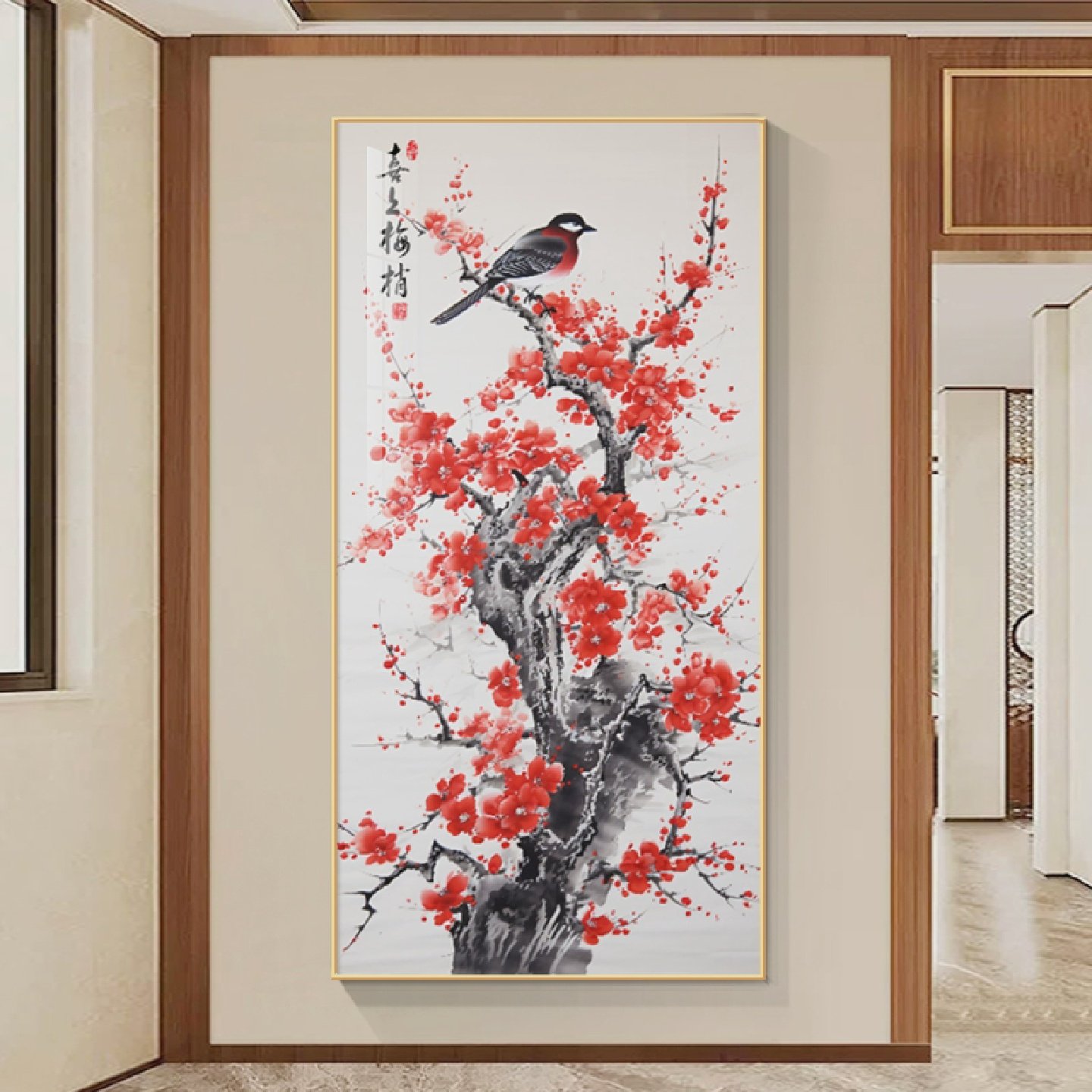喜上眉梢玄关装饰画红色喜庆梅花图壁画走廊过道竖版水墨国画挂画