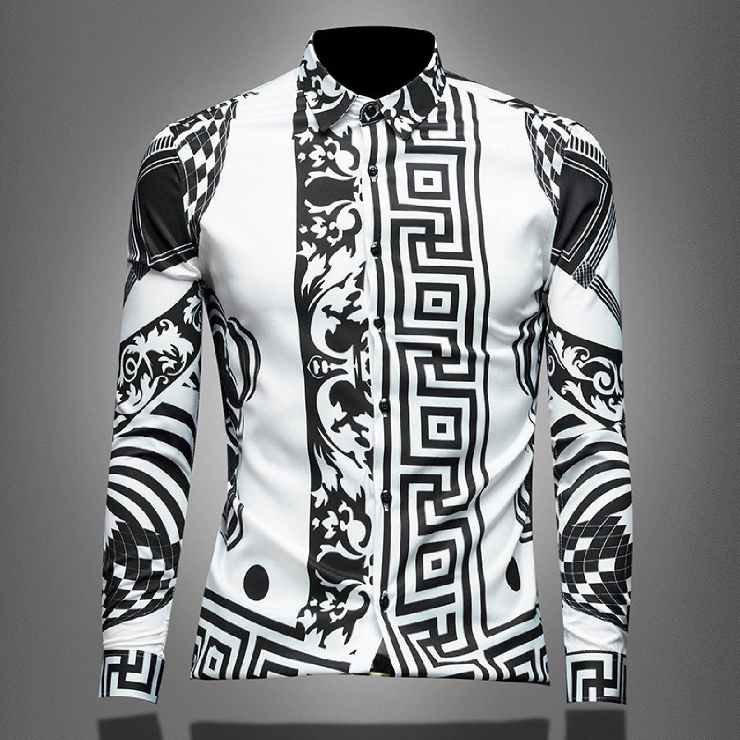 2026欧洲站长袖衬衫男士春秋季新款修身潮牌休闲大码韩版印花衬衣