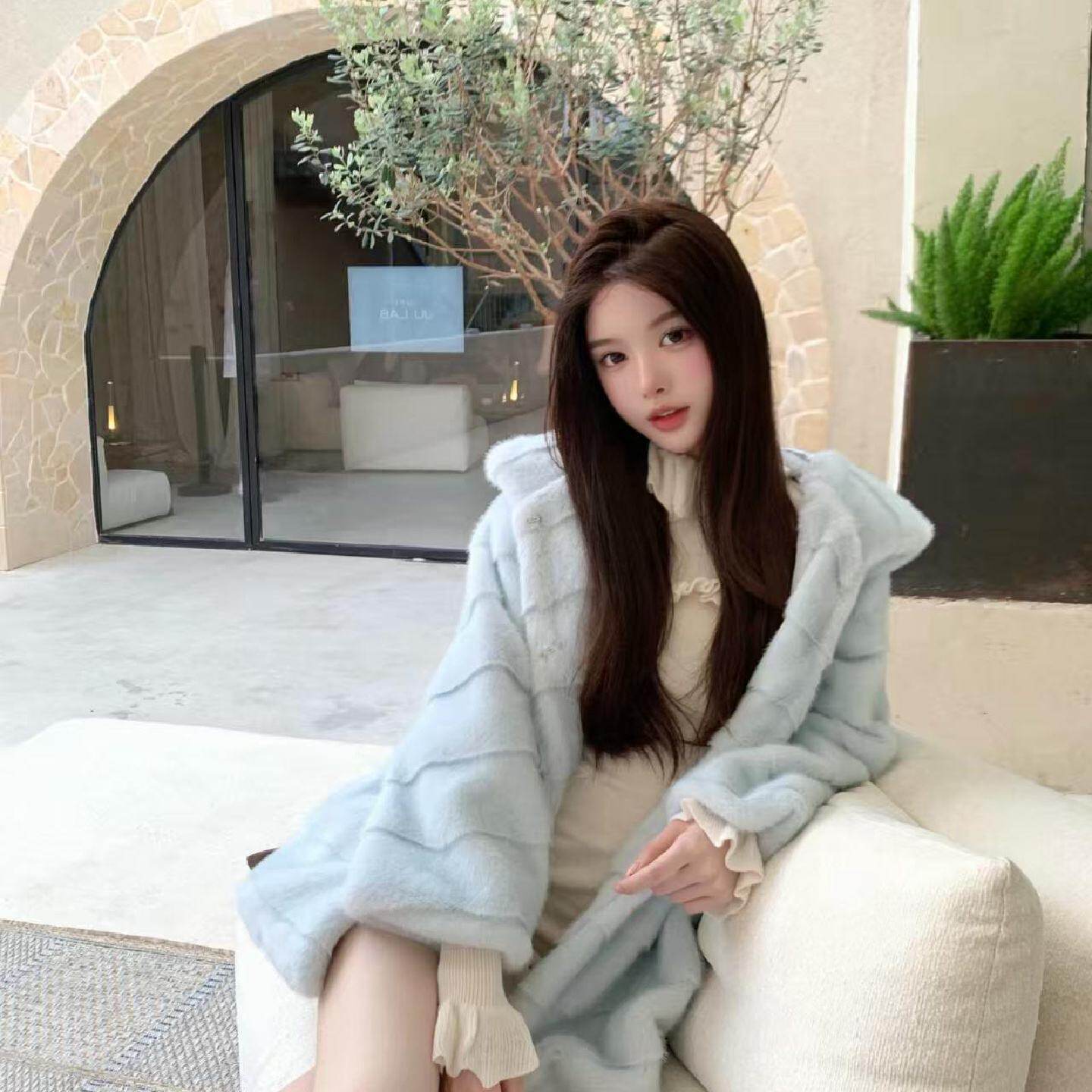 2025新款冬连帽中长款收腰环保仿貂皮草皮毛一体氛围感毛毛外套女