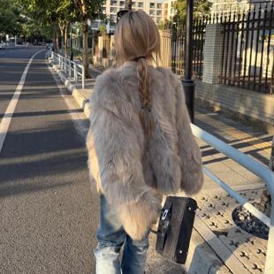 仿狐狸毛皮草外套女冬季短款高级时尚加厚渐染V领气质毛茸茸上衣