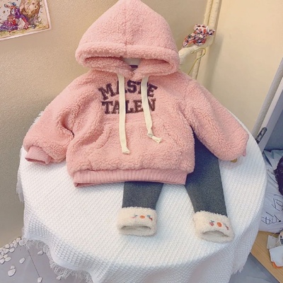 女童冬季套装2023儿童加绒加厚卫衣外套羊羔毛加厚打底裤一条过冬