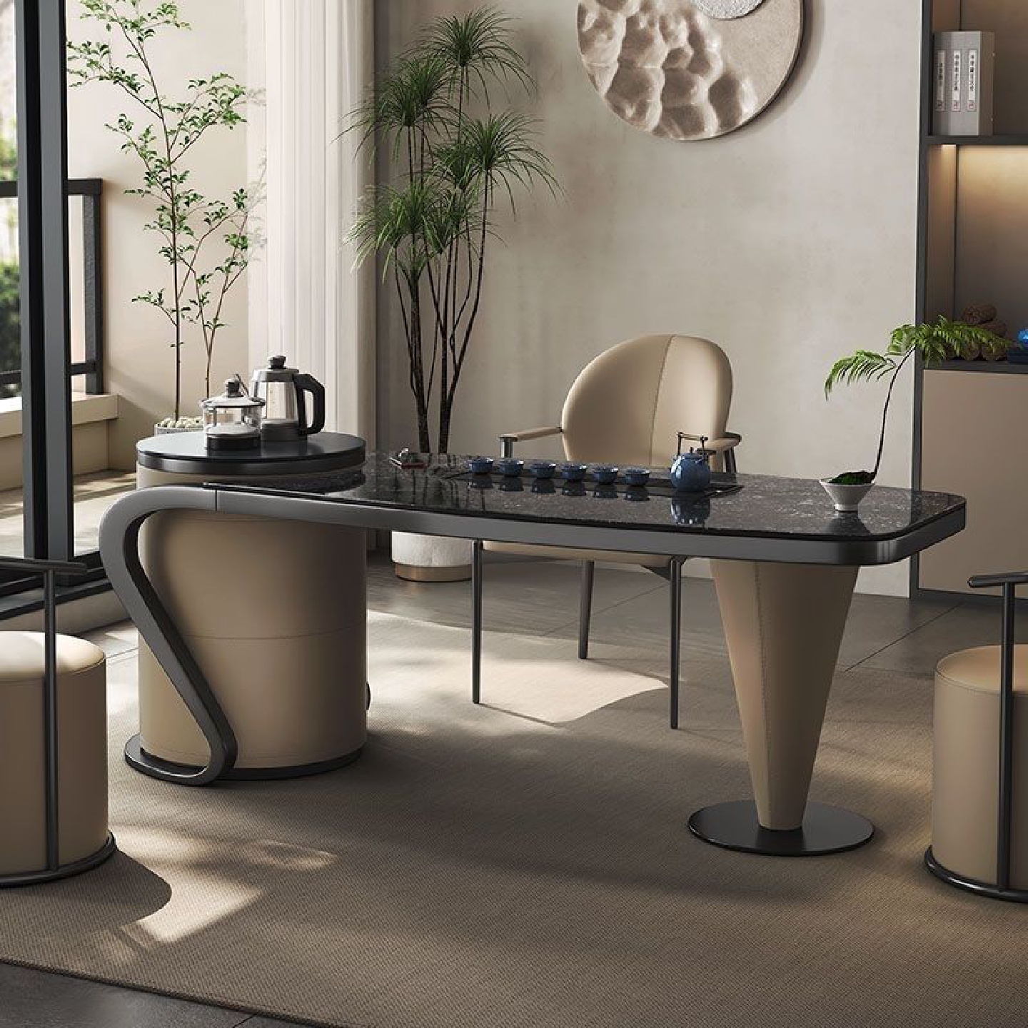 轻奢岩板茶桌书桌一体两用现代客厅家用茶台功夫泡茶喝茶桌椅组合