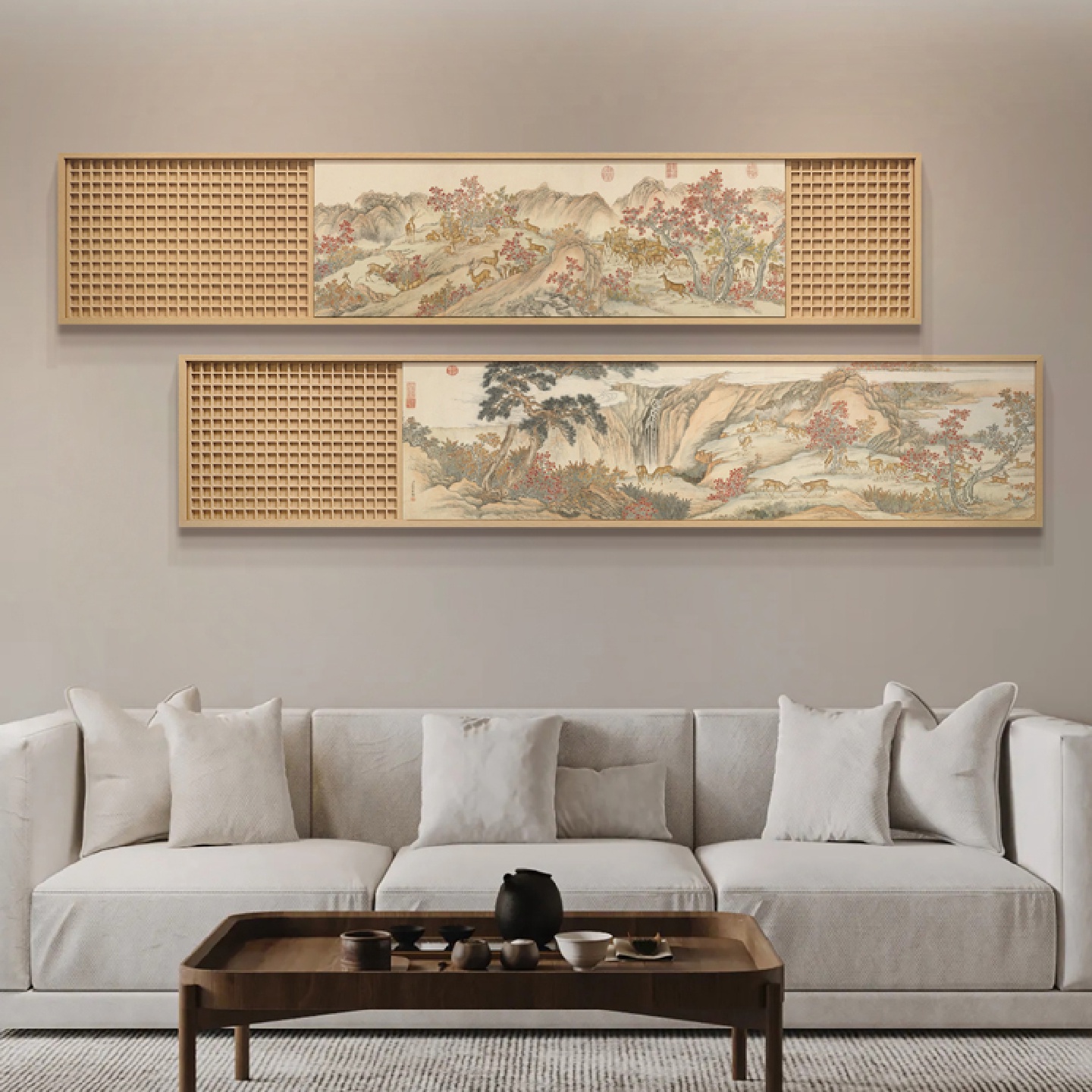 新中式客厅沙发背景墙装饰画福鹿平安图茶室山水风景长条立体挂画图片