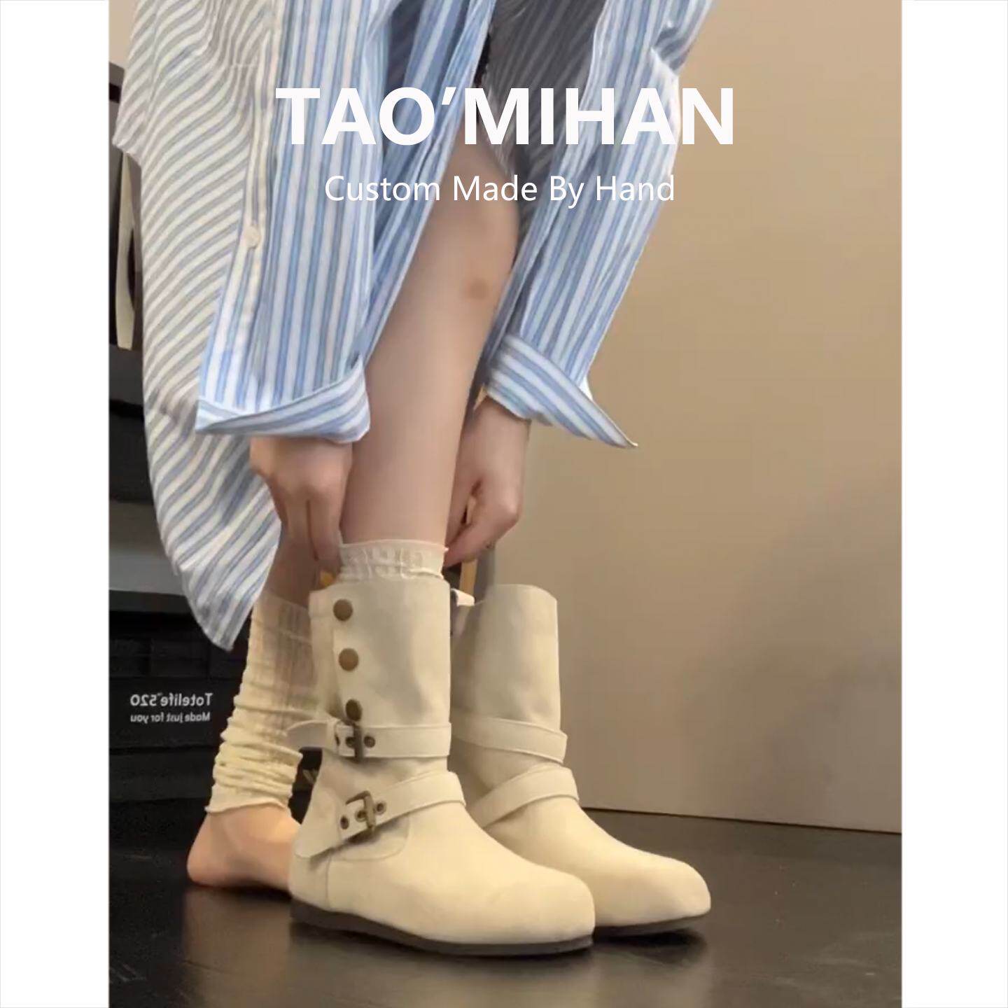 真皮内增高白色短靴女2025年秋冬新款圆头巨好看翻折两穿马丁靴子