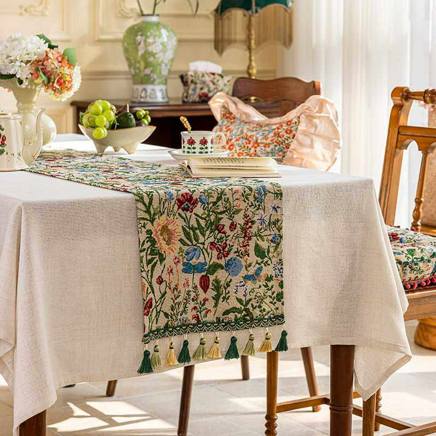 田园风绿色桌旗轻奢高端酒店民宿餐桌桌旗流苏斗柜电视柜盖布装饰