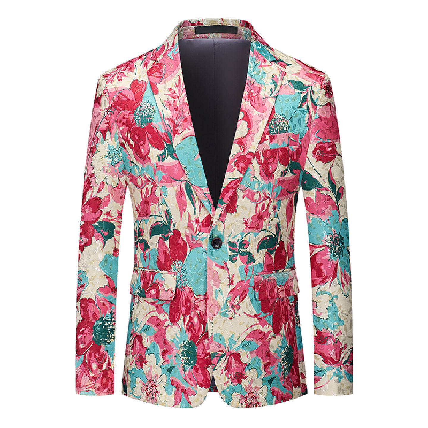 高档休闲西装男士春秋季新款潮流提花一粒扣单件大码花色西服外套