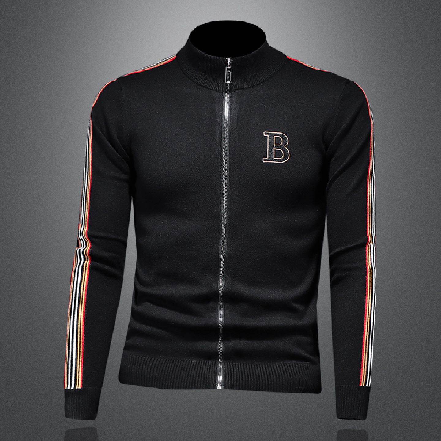 欧洲站条纹针织夹克开衫外套男士秋冬季字母刺绣修身潮牌休闲毛衣