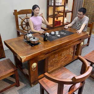 纯实木禅意功夫茶台家用办公室喝茶泡茶几桌椅组合 老船木茶桌中式