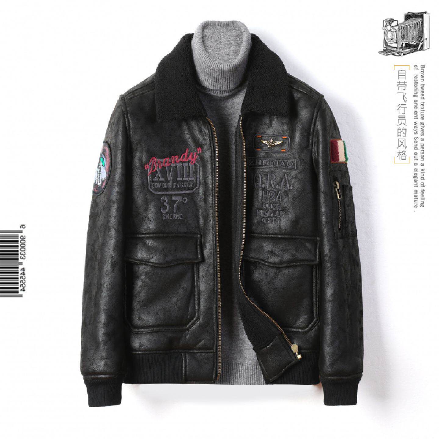 皮衣男士秋冬季美式复古飞行员夹克大码加厚保暖皮毛一体刺绣外套