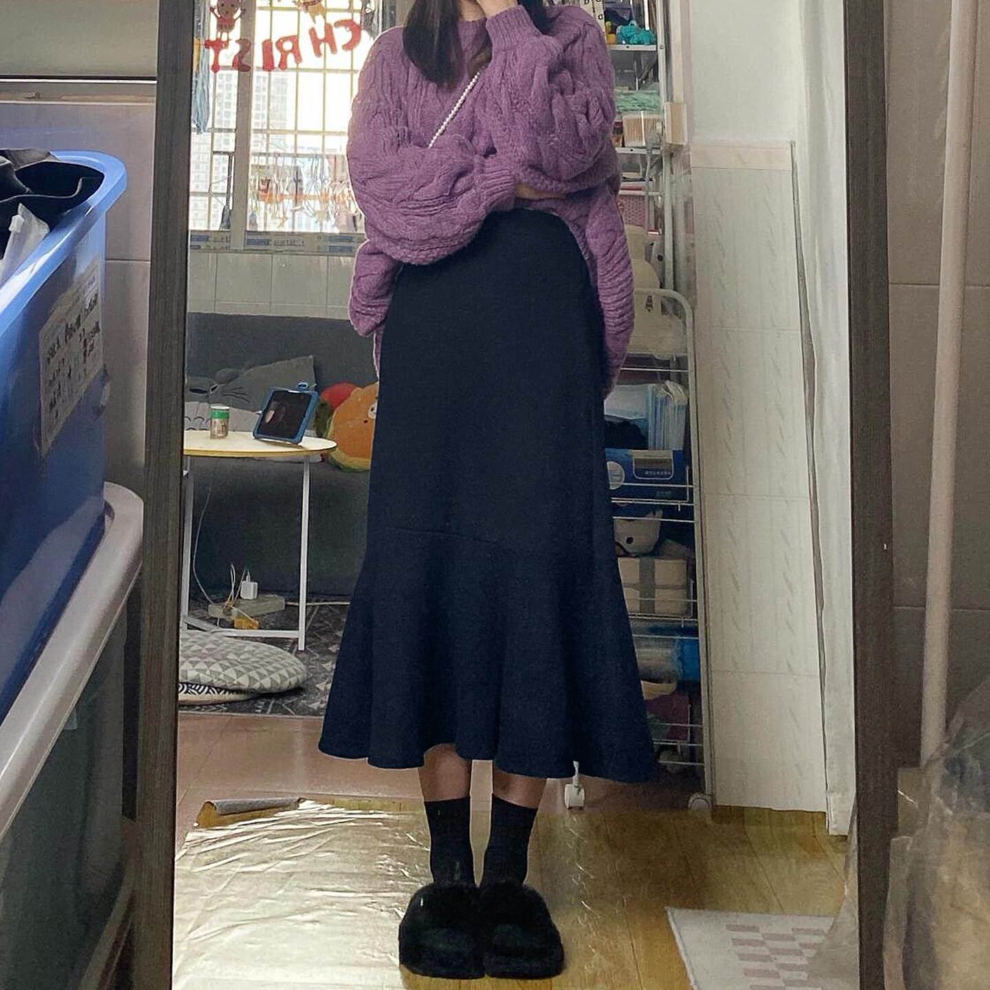 黑色针织中长款半身裙女春季大码胖mm遮肚显瘦梨型身材a字鱼尾裙