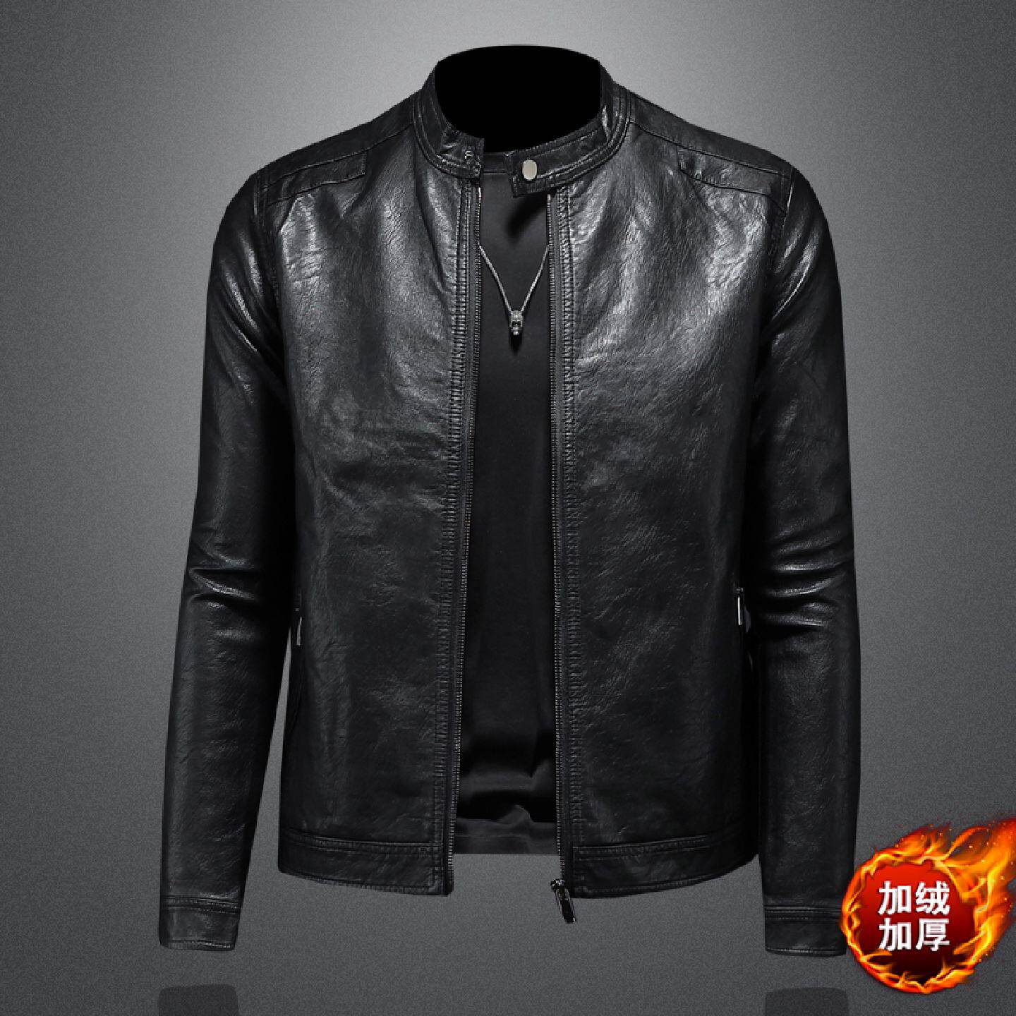 欧洲站立领加绒皮衣年冬季新款简约潮流休闲机车加厚夹克外套潮男