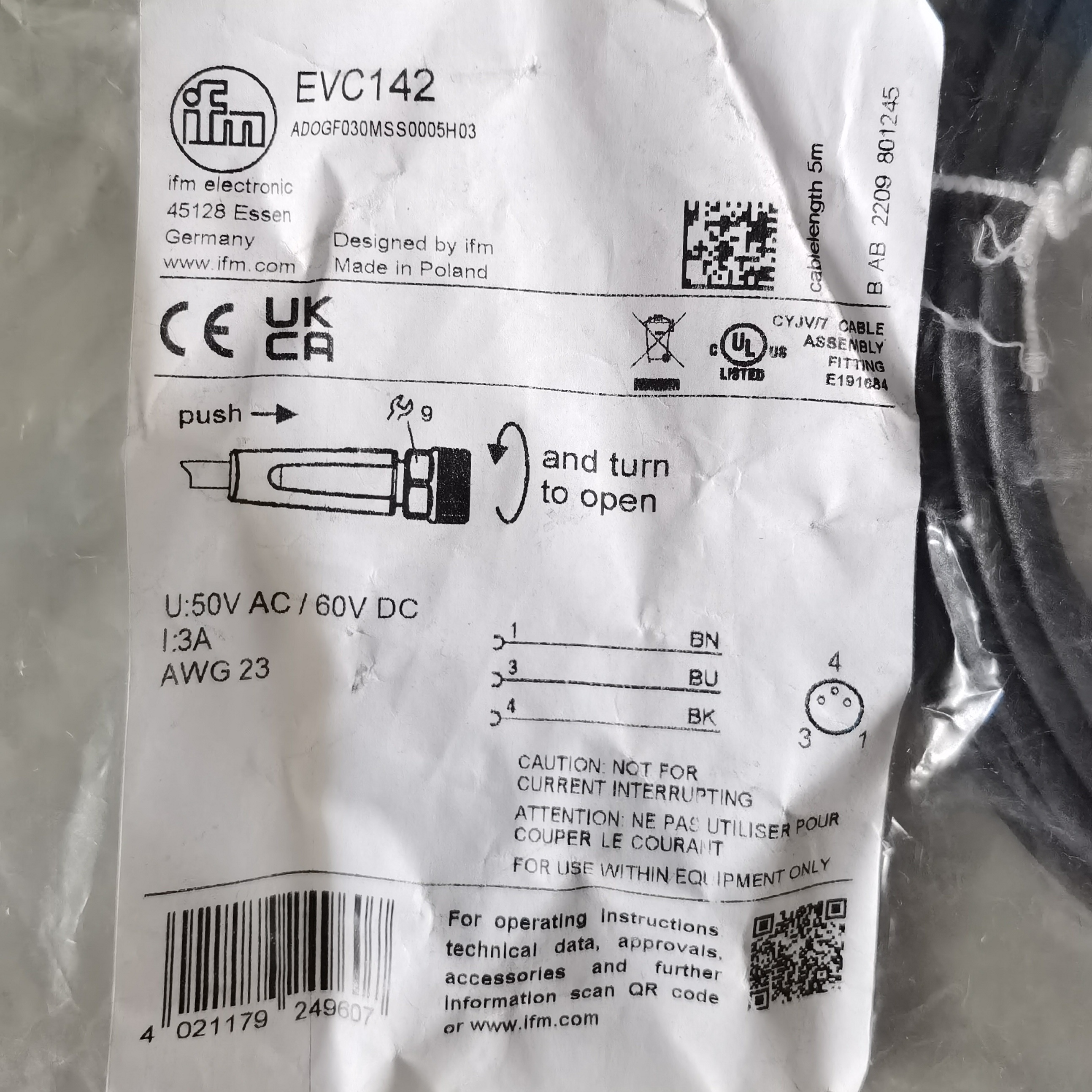 易福门EVC142  3孔母头3芯5米M8  全新现货实价