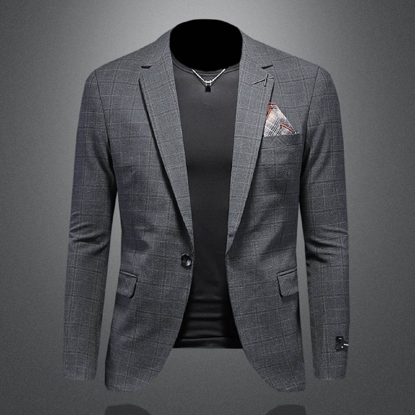 2026春秋季新款格子西装男士韩版潮流休闲上衣英伦风修身单件西服