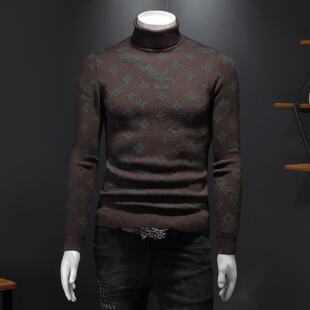 秋冬新款 提花针织衫 内搭线衣潮男 痞帅打底衫 潮牌半高领毛衣男修身