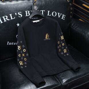 恤潮男装 秋冬潮牌大码 高端长袖 印花烫钻青年打底衫 圆领卫衣男新款