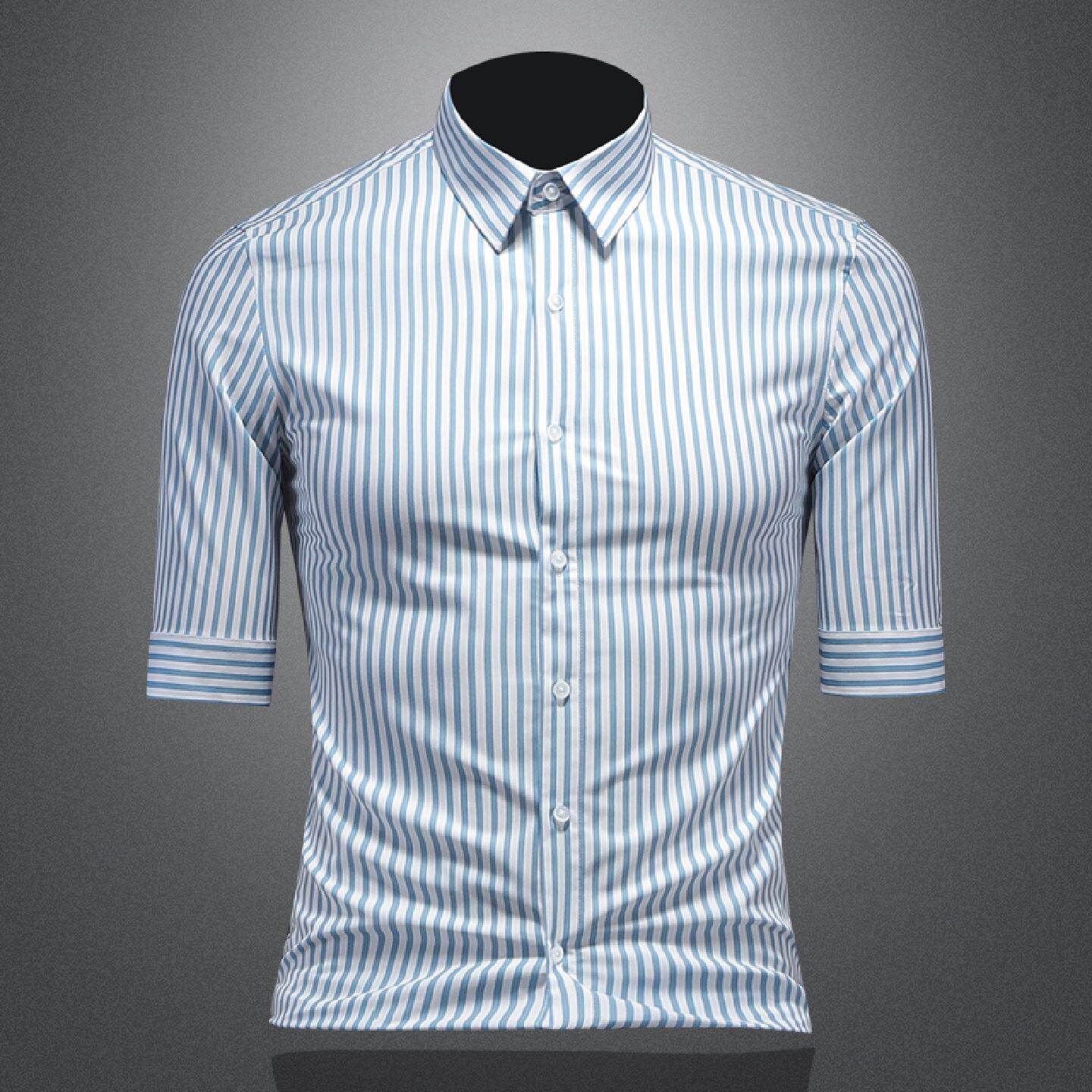 条纹短袖衬衫男士夏季新款七分袖寸衫商务修身休闲中半袖透气衬衣