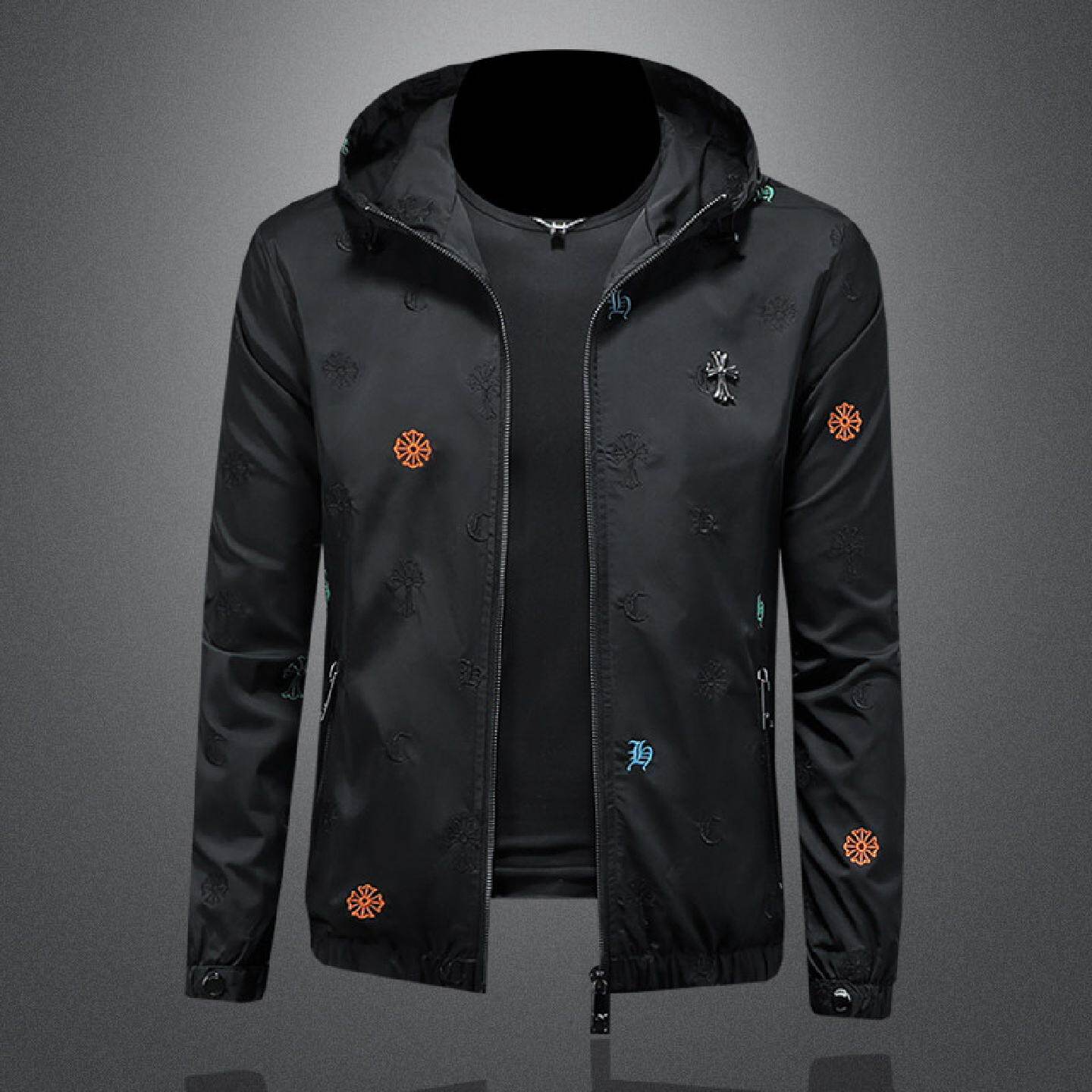 2026欧洲站休闲连帽夹克男士春季新款刺绣轻奢时尚个性大码外套潮