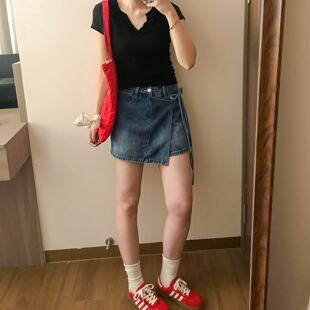 复古蓝牛仔短裙裤女夏季新款大码胖mm遮肚显瘦梨型身材a字半身裙