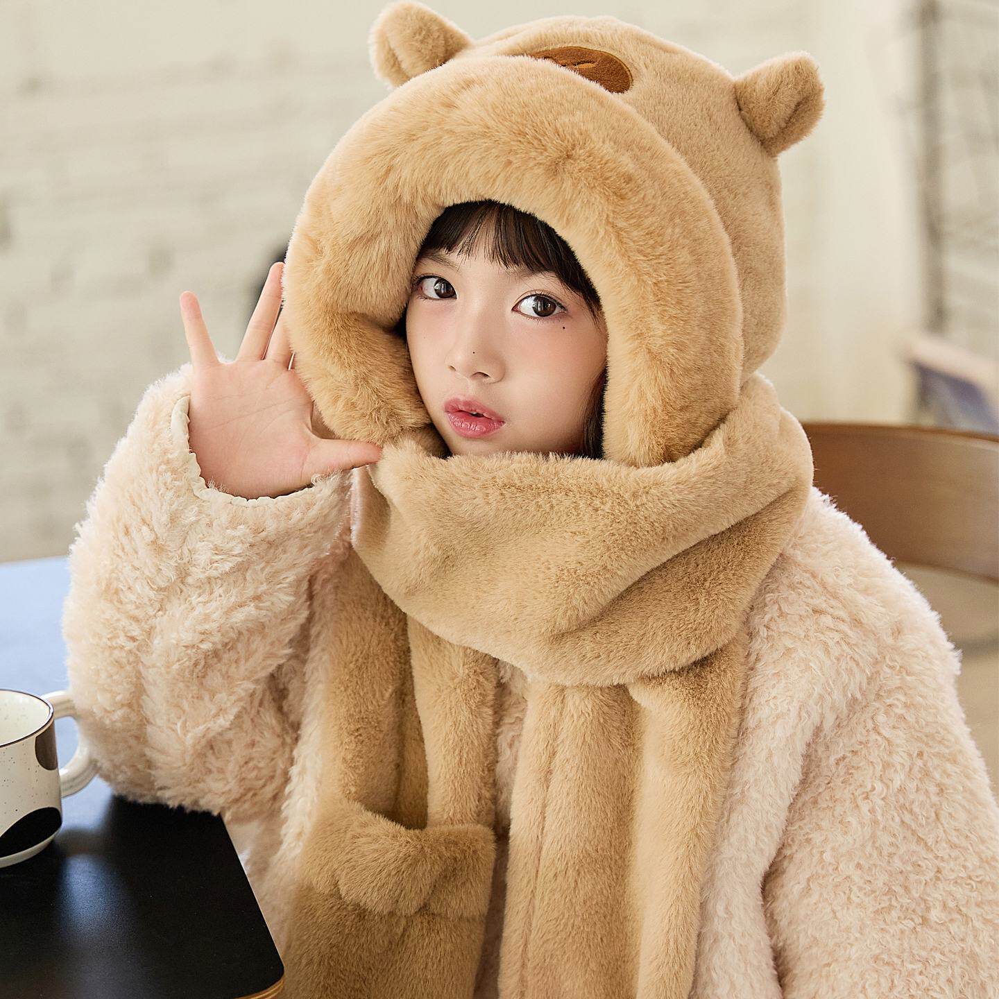 儿童帽子冬季2025新款围巾手套一体女孩男童可爱保暖围脖东北防寒