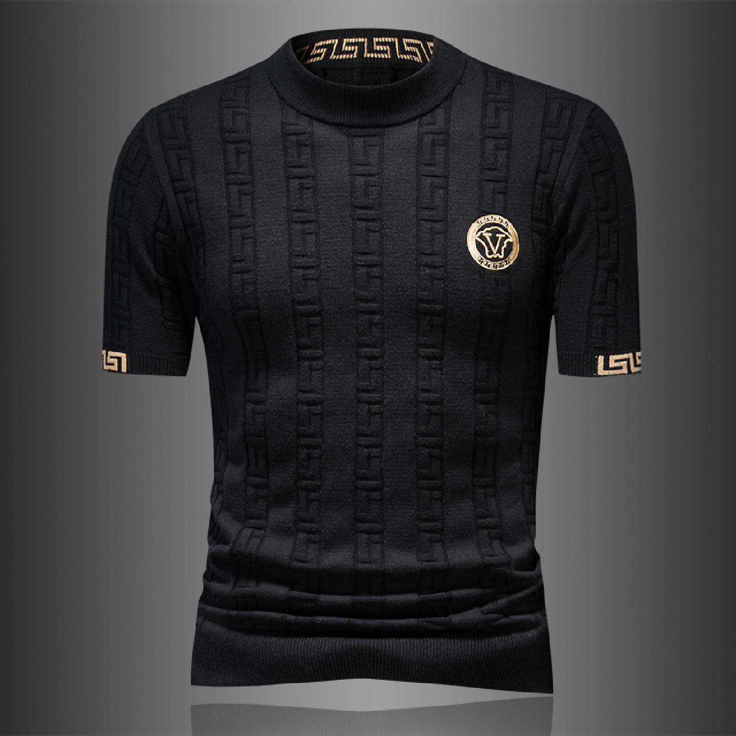 2026欧洲站短袖圆领羊毛衫男士秋冬季新款修身打底半袖刺绣毛衣针