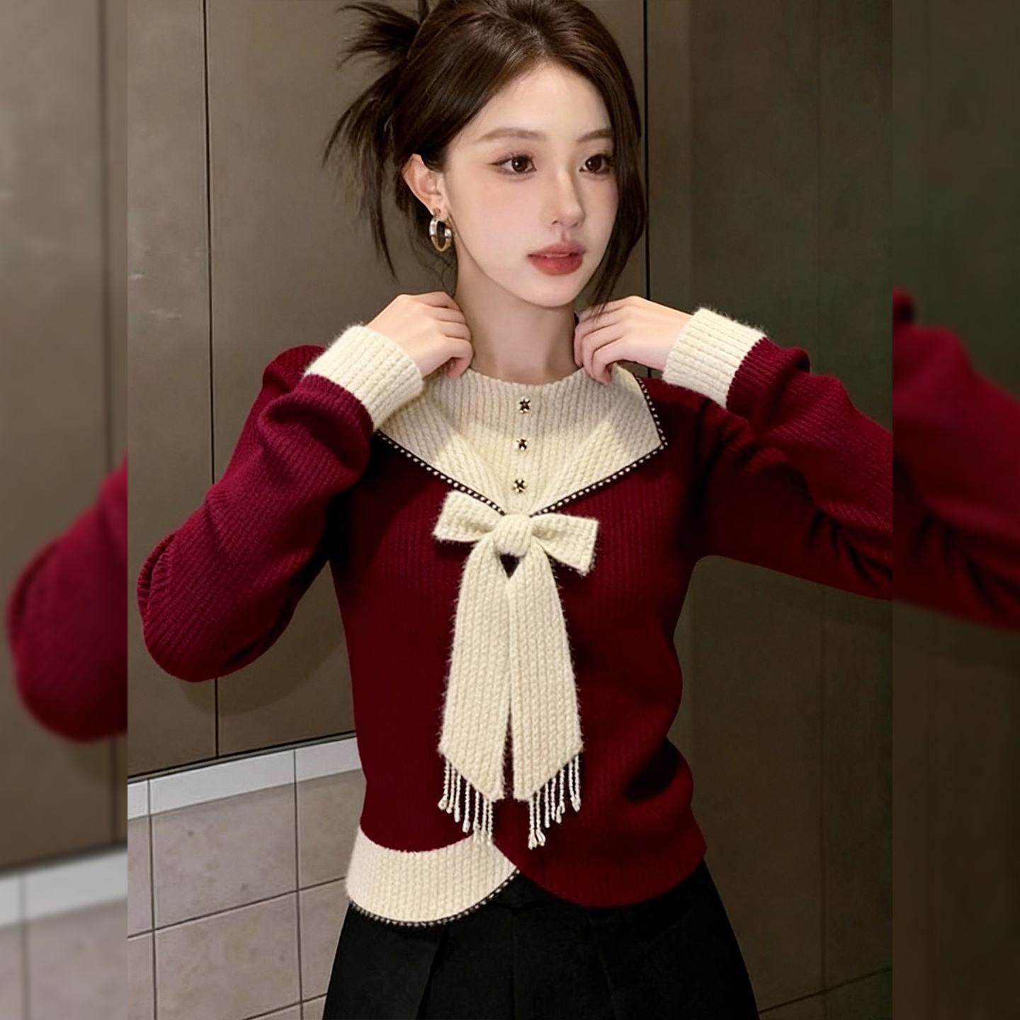 高级感红色假两件蝴蝶结针织衫女2026春季新款设计感气质保暖毛衣
