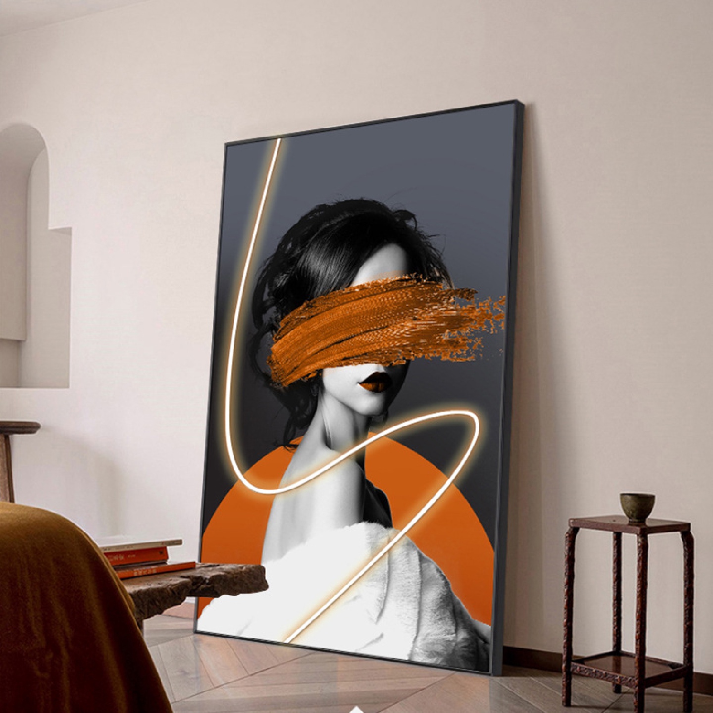 创意LED灯带少女人物装饰画现代轻奢客厅玄关背景墙大挂画落地画