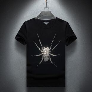 2026欧货潮牌夏季男士烫钻短袖恤男精神社会小伙修身打底衫半袖潮