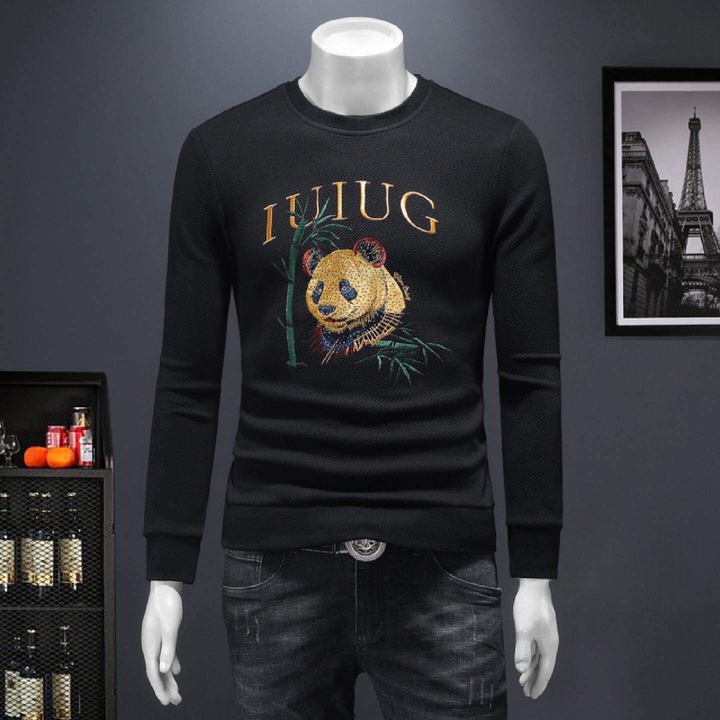 2026秋冬季高级感轻奢卡通小熊猫刺绣圆领长袖卫衣男修身字母恤高