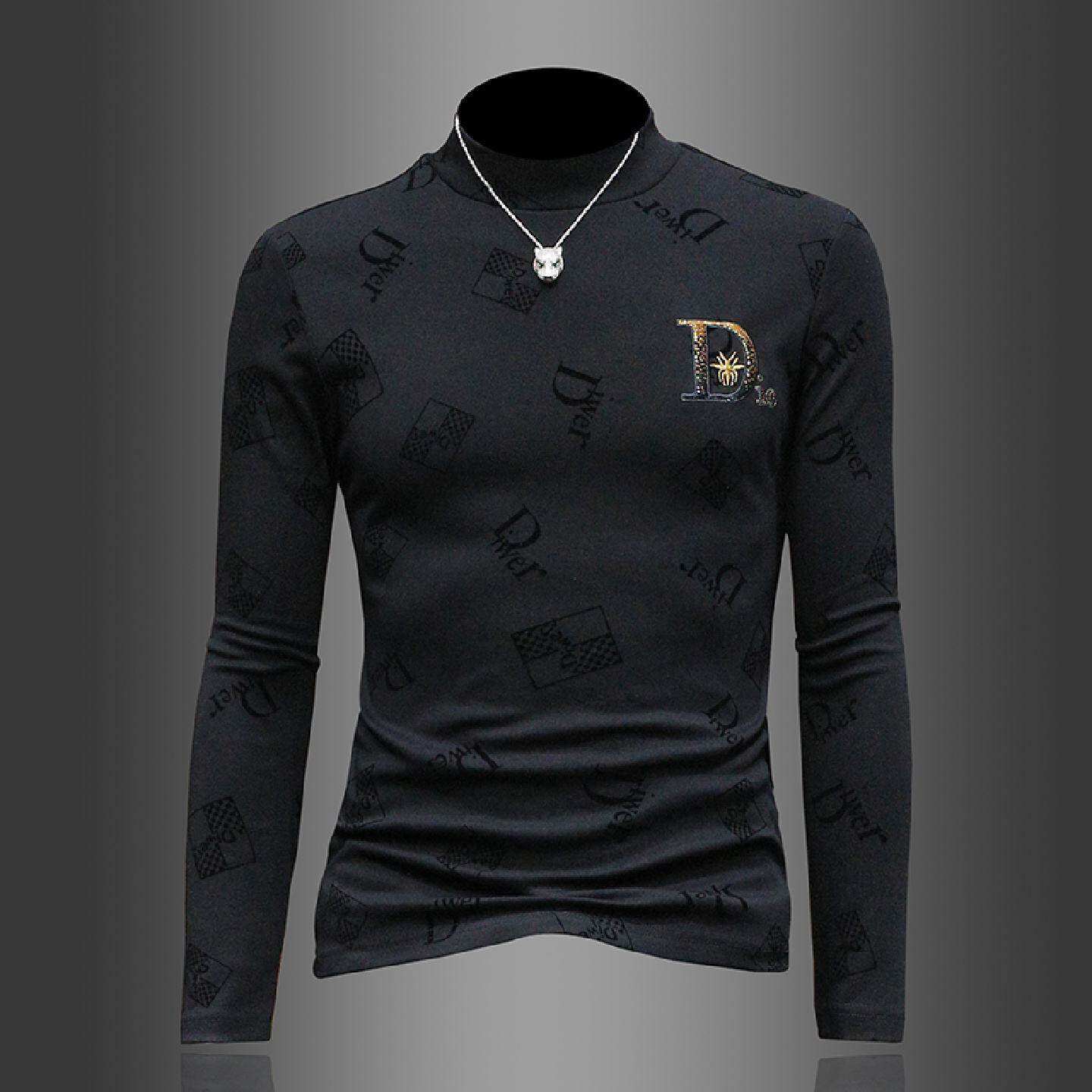 欧货高端纯棉男士长袖恤植绒印花内搭小衫修身半高领打底衫潮流潮